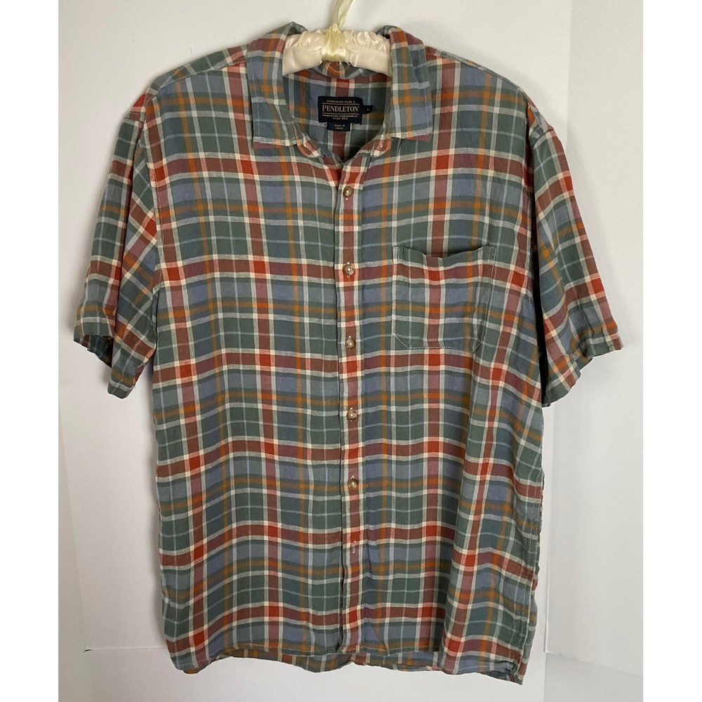 Pendleton Mens XL Short Sleeve Linen Rayon Plaid Button Down Shirt Multi Color